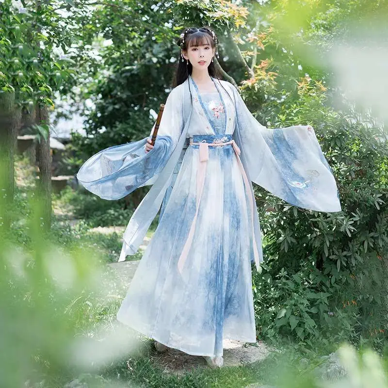 

Топ с двубортным воротником и юбка до талии Danqing для женского костюма Ханьфу, весенний сезон, материал — 100% виниловое волокно