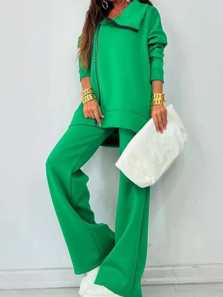 

Autumn Fashion Loose Outfits Woman Turtleneck Zipper Sweatshirt Wide Leg Pant Set Women Casual Long Sleeve Solid Two-piece Set