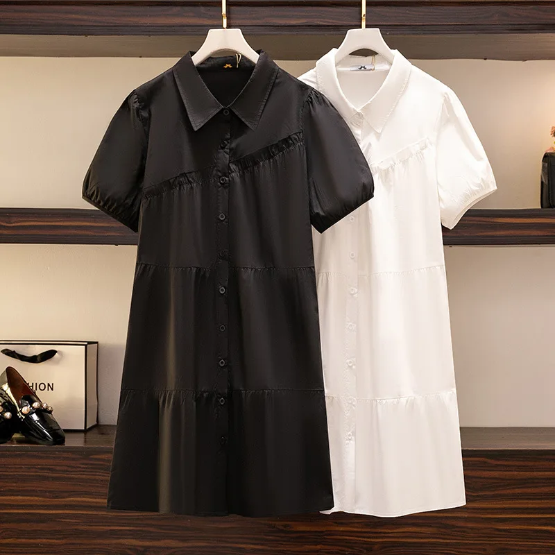 150Kg Plus Size Women's New Summer Bust 150 Loose Temperament Dress Slim Short-Sleeved Shirt Dress Black 5XL 6XL 7XL 8XL 9XL