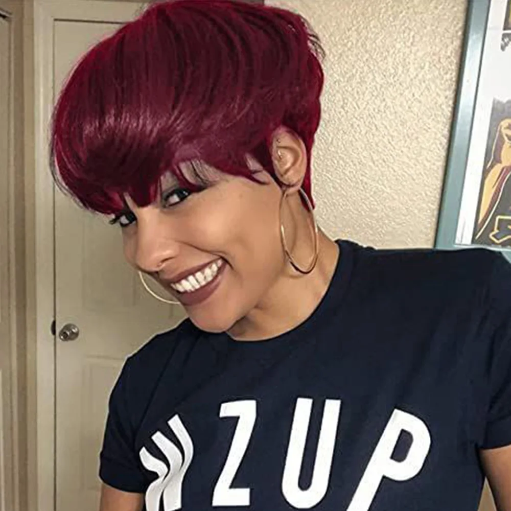 Krótkie peruki bob z ludzkich włosów z grzywką, peruka pixie cut, krótka czerwona peruka z ludzkich włosów 99j, w pełni wykonana maszynowo dla czarnoskórych kobiet.