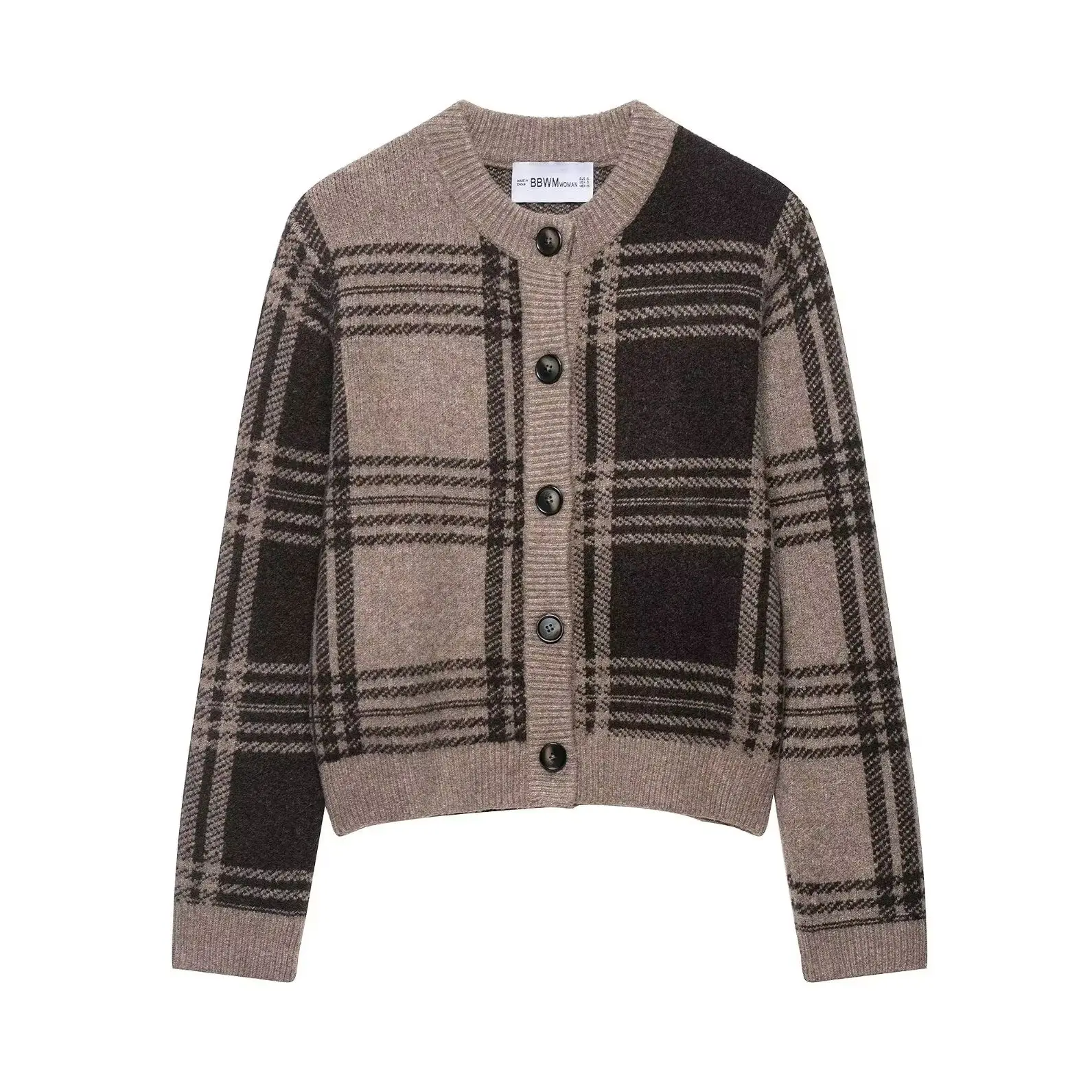 KONDALA Chic Casual 2025 Khaki Knit Women Plaid Vintage Sweaters Single Breasted Knitwear O-Neck Streetwear Elegant Female Shirt