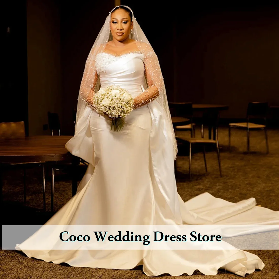 

Изысканное свадебное платье 2 в 1, расшитое бисером, для невесты, с длинными рукавами, атласное свадебное платье русалки со съемным шлейфом