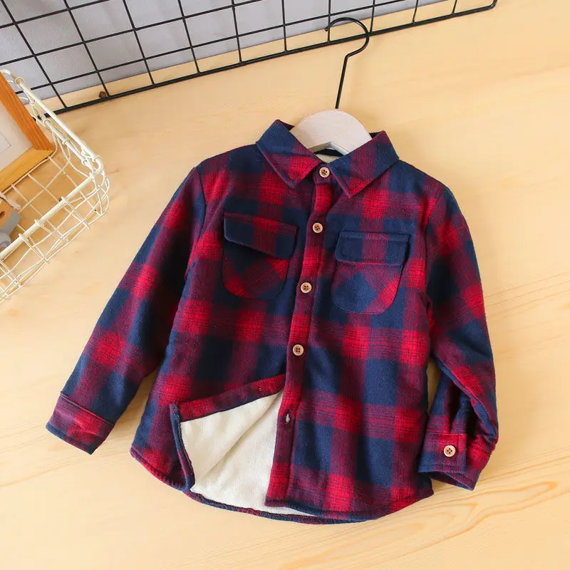 Boys\' Fleece Plaid Polo Shirts Baby Thick Warm Long Sleeves Tops Pure Cotton Coat Fashion Korean Style Children\'s Clothes