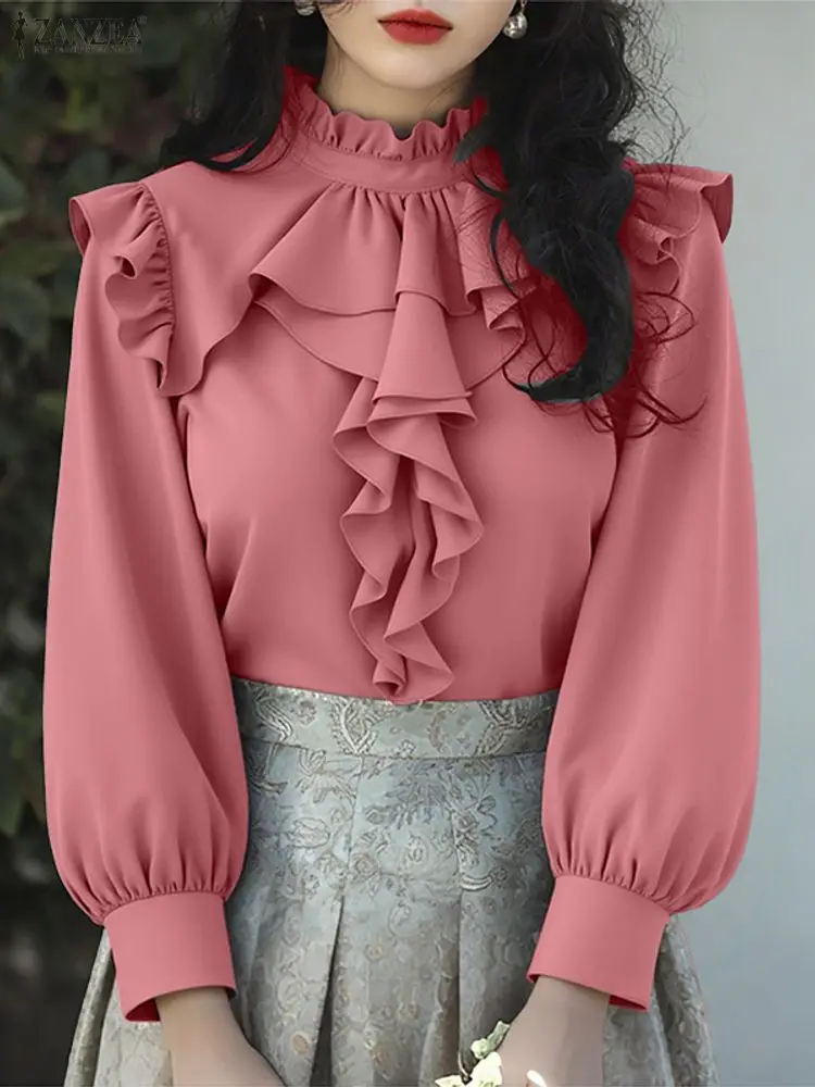 ZANZEA أنيقة مكتب سيدة بلايز تكدرت القمصان 2025 المرأة الخريف طويلة الأكمام الوقوف طوق بلوزة موضة عادية الصلبة Blusas OL