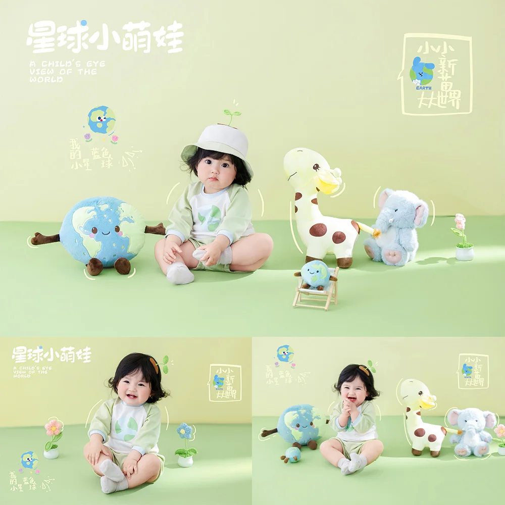 Baby 1st Birthday Photo Props Set Green Nature Theme Toddler Photo Costume Cute Cartoon Earth+animal Doll for Milestone Shooting