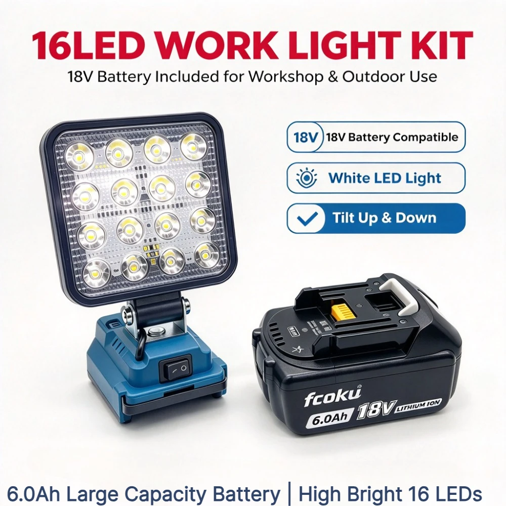 16LED Cordless Work Light with 18V 6.0Ah Lithium Battery, Portable Adjustable Angle LED Work Lamp for Workshop Camping Repair