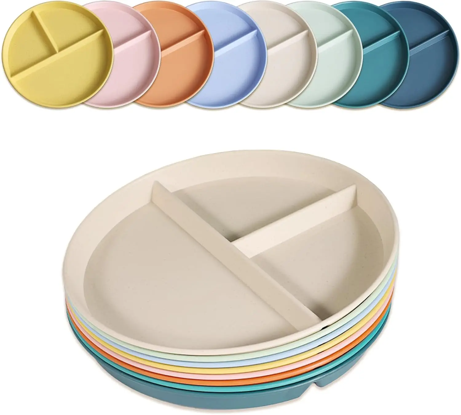 

8-Pack 9" Divided Plates for Adults, Unbreakable Portion Control Sectioned Plastic Dinner Plates, BPA-Free Microwave Safe