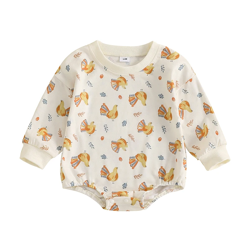 Baby Girl Boy Thanksgiving Romper Turkey Print Crew Neck Long Sleeve Sweatshirt Jumpsuit for Fall Winter