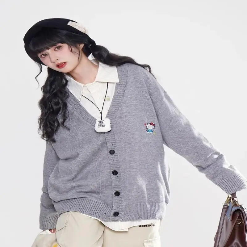 

BubbleDoll мягкий липкий кардиган с котенком, свитер, женский осенний новый свободный корейский студенческий стиль, пальто, пижама Hello Sanrio, теплый костюм