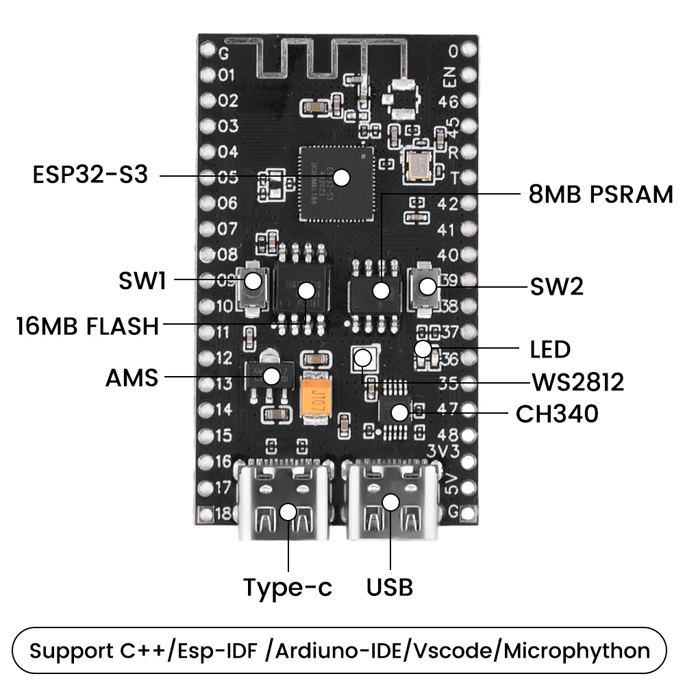 ESP32-S3 papan pengembangan N16R8, untuk Arduino 8MB PSRAM 16MB FLASH dengan WS2812 LED CH340 tipe-c WiFi modul Bluetooth ESP32 S3