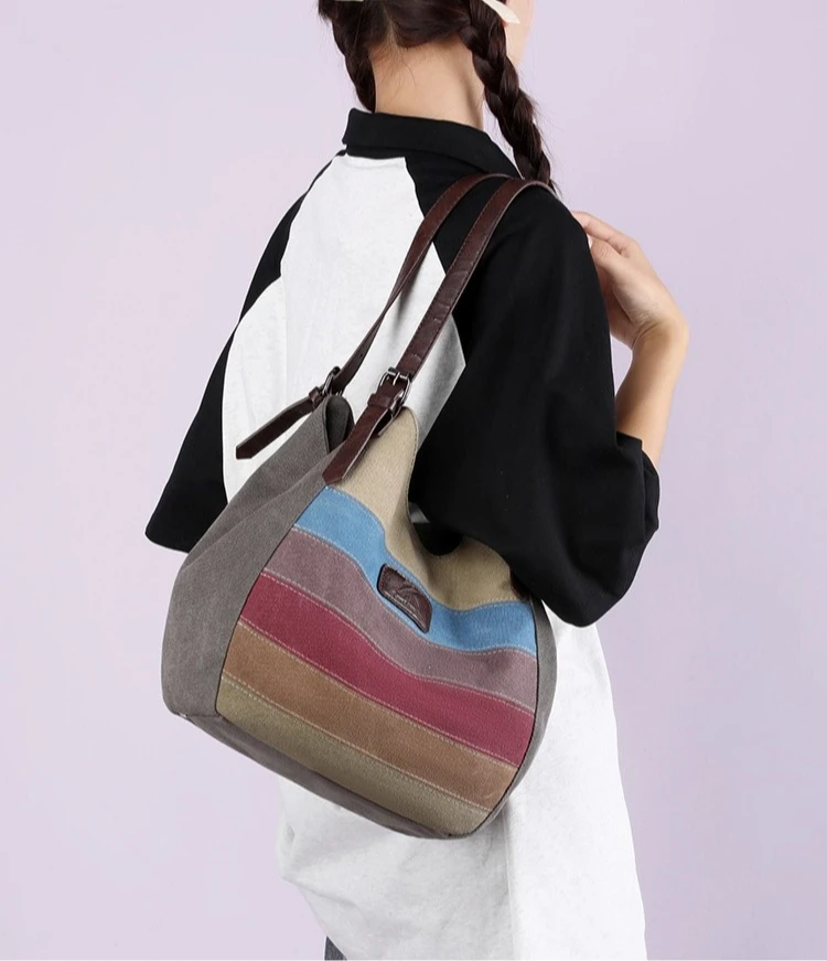 Clash color stitching canvas shoulder bag women's large capacity hand - held European and American style tote bag