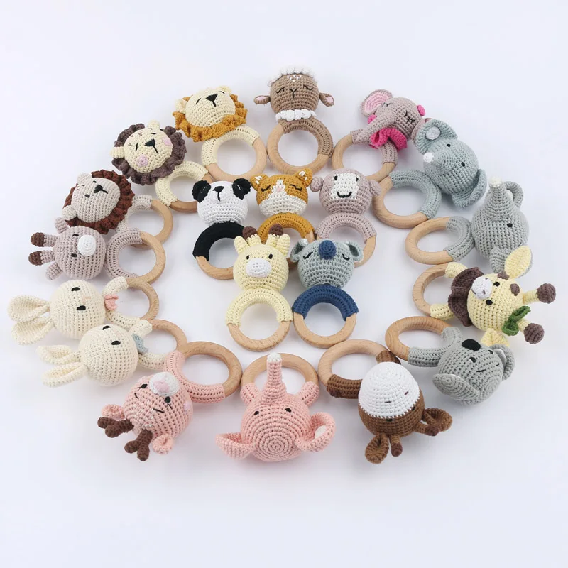 Amigurumi Cartoon Animal Baby Rattle Cute Wooden Ring Handhold Newborn Rattle Toys Handmade Pacifier Clips Kids Educational Toys