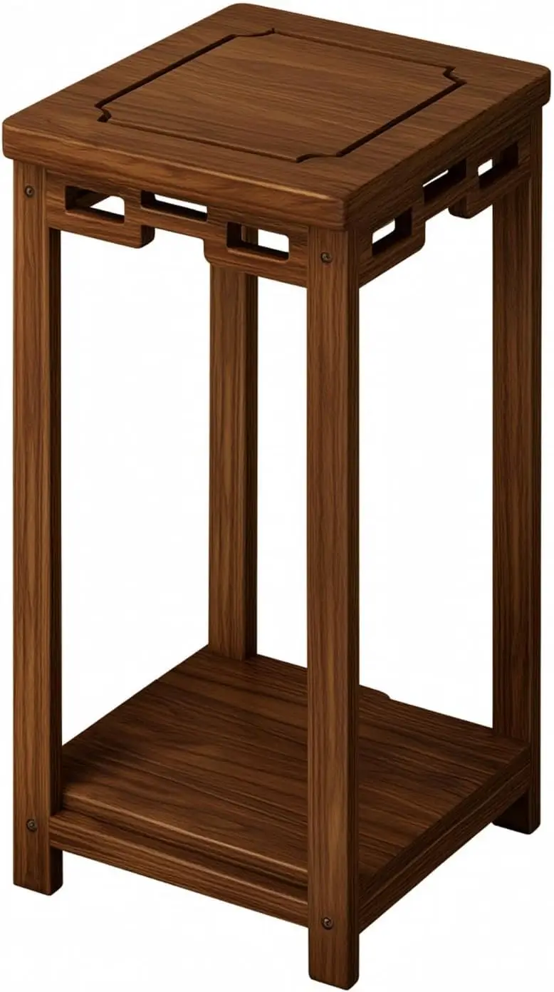 Two Tier Walnut Wood Display Shelf with Open Frame and Lower Storage Tier for Decorative Objects Beverage Options Suitable for H