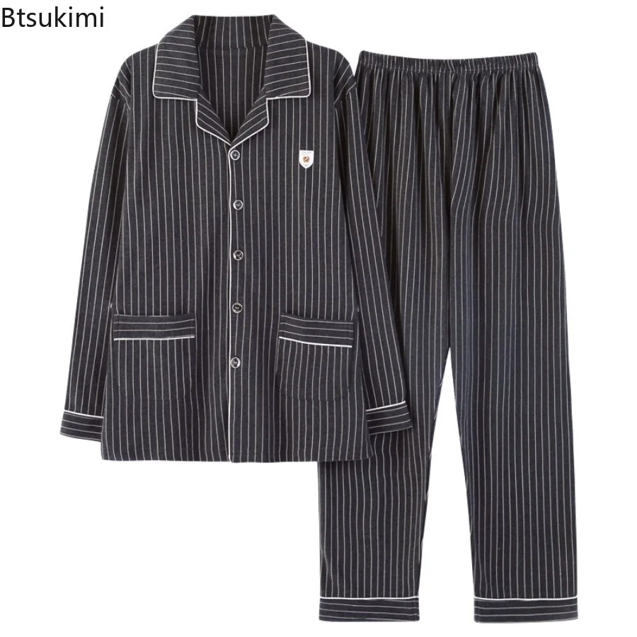 Men's Pure Cotton Pajamas Set Lounge Sleepwear Plaid Pyjamas Long Sleeve Spring and Autumn Loungewear Male Homewear Home Clothes