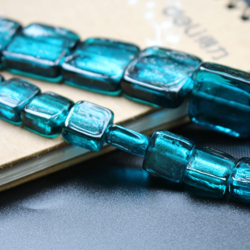 10Pcs/lot 12mm 20mm Teal blue Lampwork glass beads Square Foiled Beads for Earring Braclet Necklace jewelry making