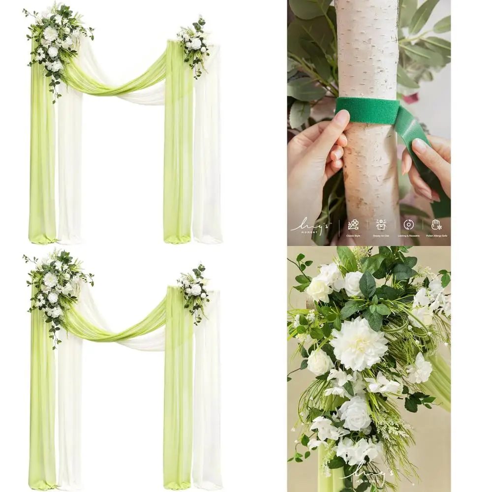

Spring Wedding Arch Kit: 4-Piece Hanging Artificial Flower Arrangements & Chiffon Drapes for Outdoor Ceremony Decor in White & G
