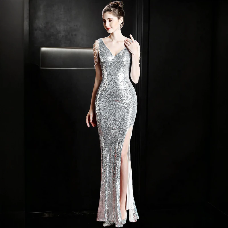 Hochwertiges Damen-Abendkleid mit Pailletten, Meerjungfrauen-Schnitt, V-Ausschnitt, rückenfrei, bodenlang, glitzernd, französisch-elegantes Bankett-Party-Festkleid – Detail 1