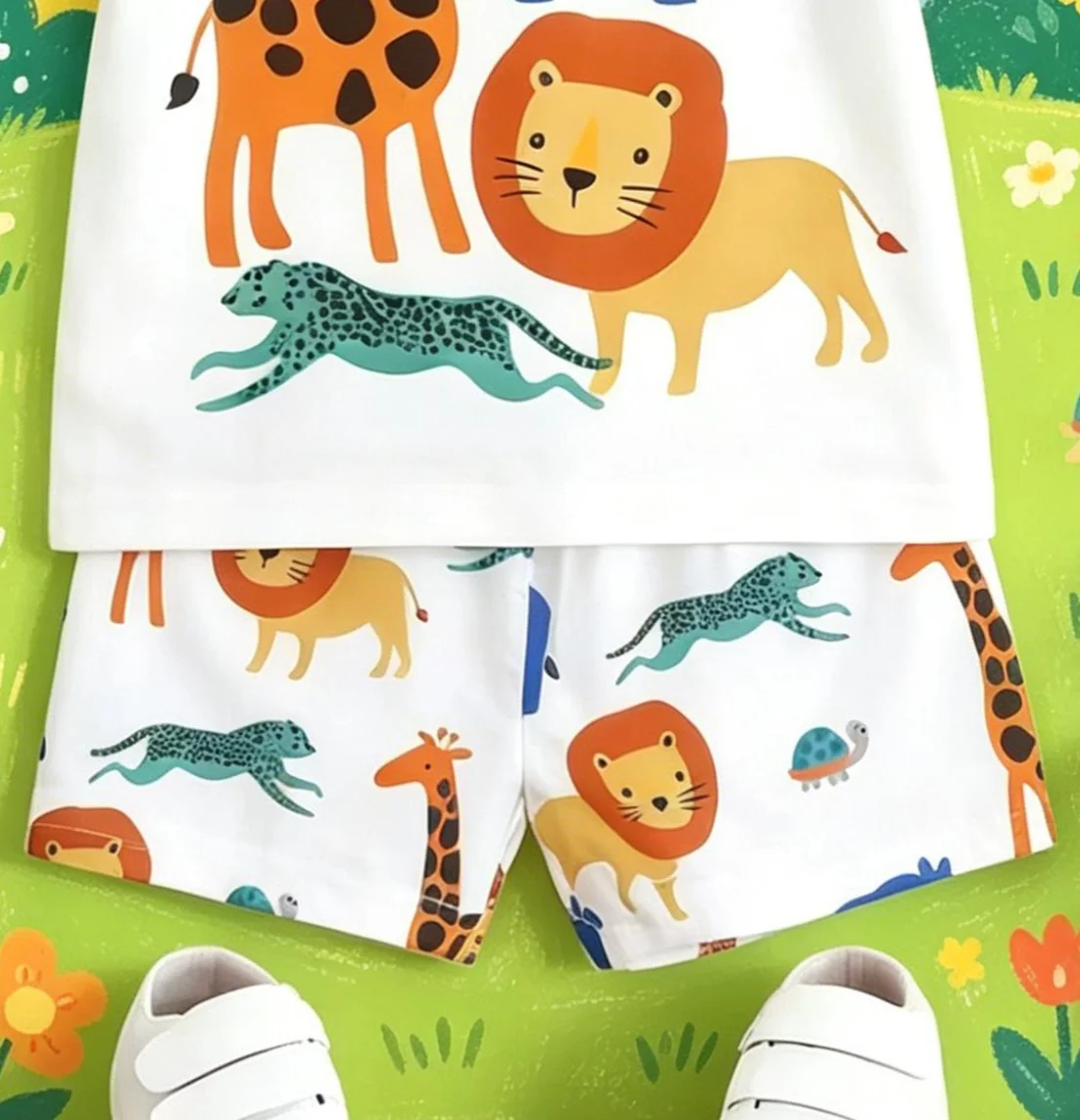 Zweiteiliges Set mit Zoo-Print für Jungen: frisches T-Shirt + lockere Shorts, deckt den Komfort und den natürlichen Spielmut von Kindern ab – Detail 5