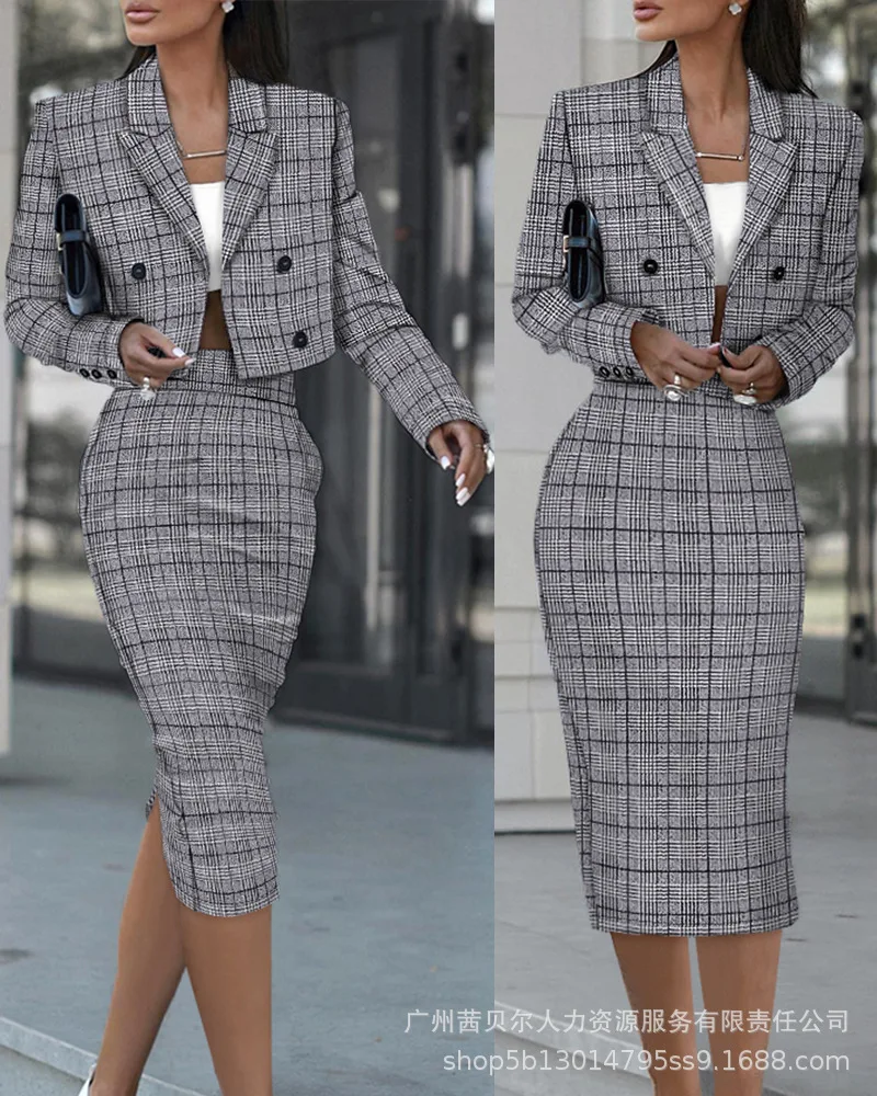 Contrast Color Casual Women 2pcs Clothes Set Long Sleeve Jacket Blazer High Waist Long Skirt