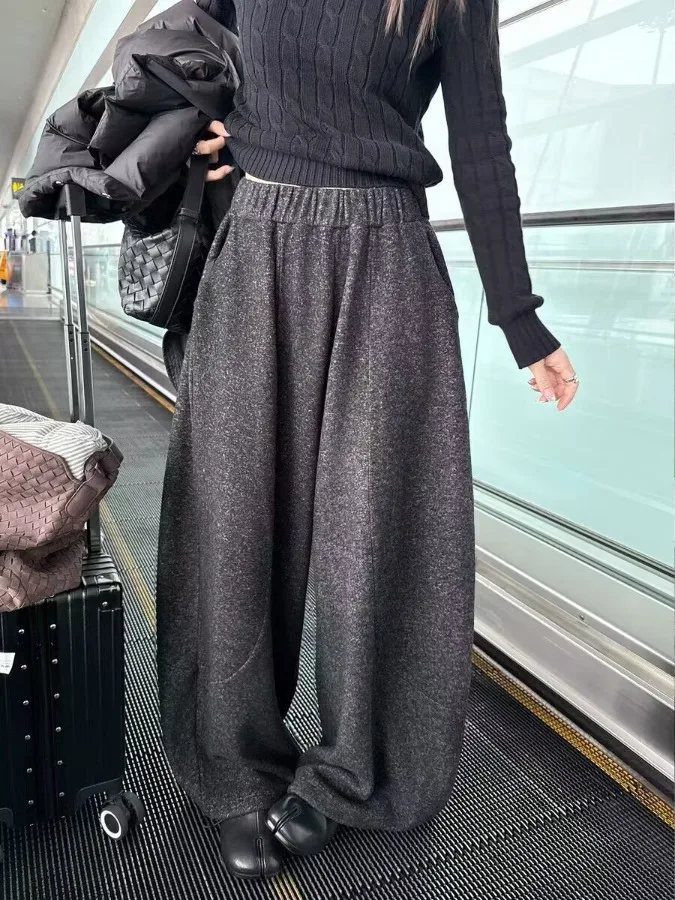 レディース ワイドレッグパンツ バルーンパンツ ウール素材 ルーズフィット 3D効果 カジュアル ストレートカット ミッドハイウエスト 冬服