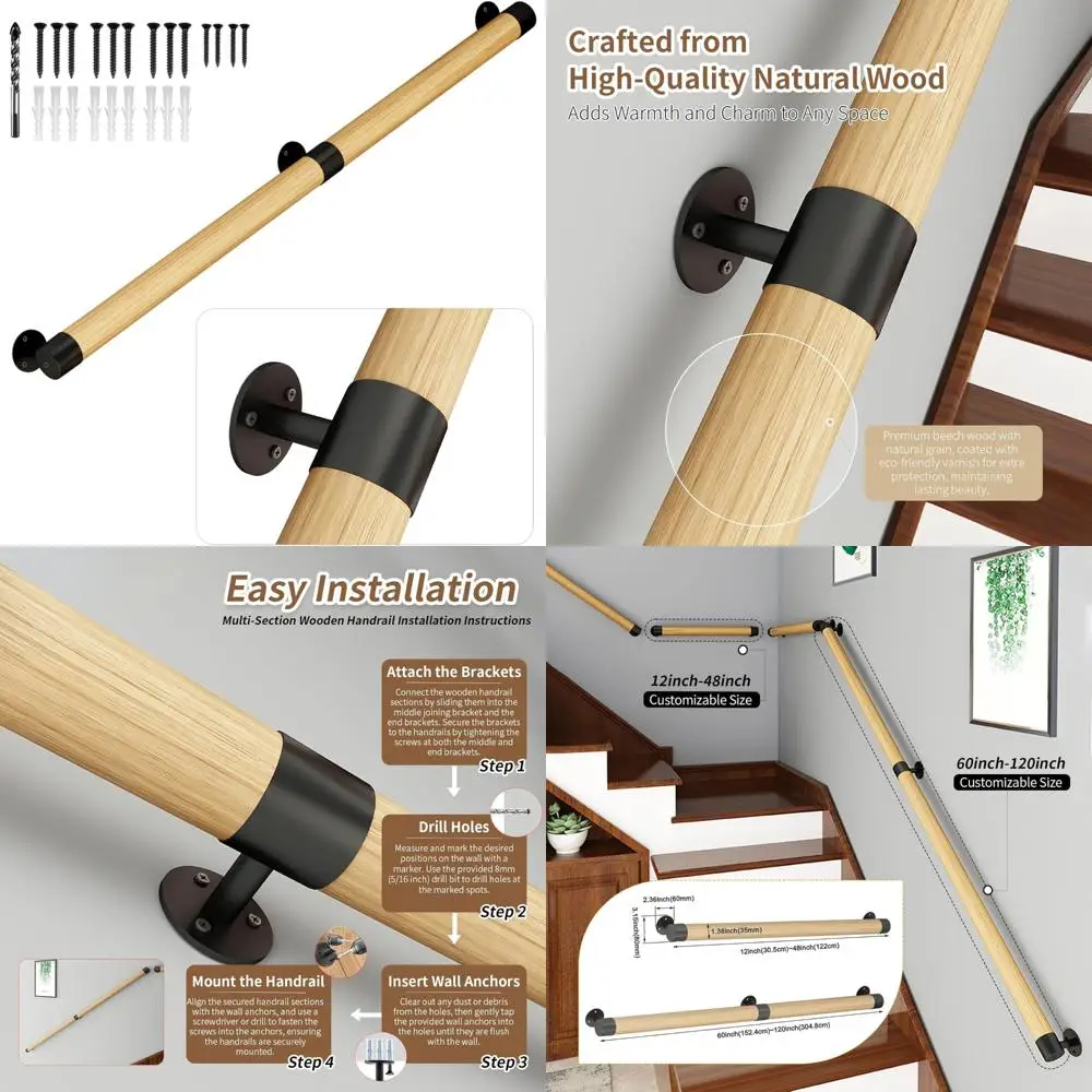 درابزين الدرج الخشبي بطول 6 أقدام - درابزين أمان داخلي وخارجي، ودعم تثبيت على الحائط، ودرابزين غير قابل للانزلاق لكبار السن والأطفال #1