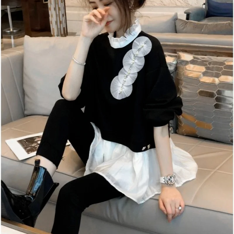 

Black design niche hoodie pullover age-reducing fashion all-match top spring and autumn European 2023 autumn hoodie female