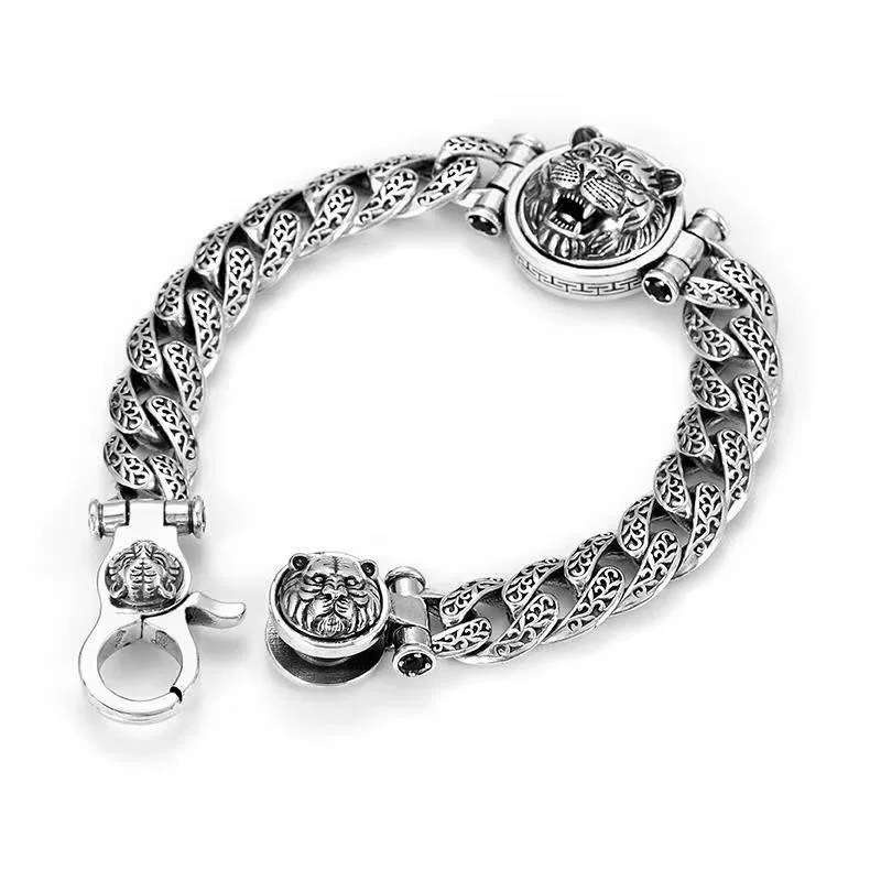 S925 Sterling Silver Domineering Tiger Head Bracelet Trend Personality Retro Silver Chain Men's Bracelet Luxury Birthday Gift