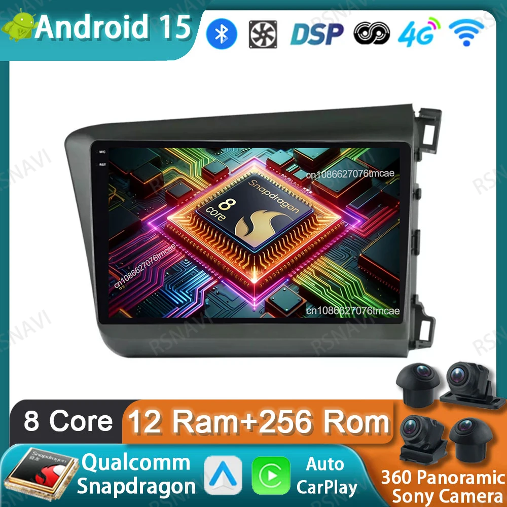 

Car Radio Android 15 For Honda Civic 2011-2013 2014 2015 5G WIFI Head Unit Wireless Carplay Auto QLED Qualcomm Navigation Stereo