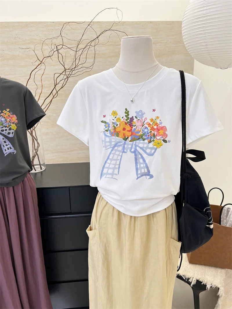 

Slim Fit Summer New Knot Print Short Sleeve T-Shirt Women's Stylish Versatile Cotton Blend round Neck Top