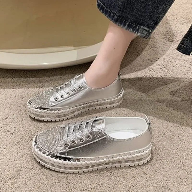 Low Loafers Whit With Crystals Rhinestone Ladies Shoes Lace Up Diamond Women Footwear High On Platform Urban High Quality Price