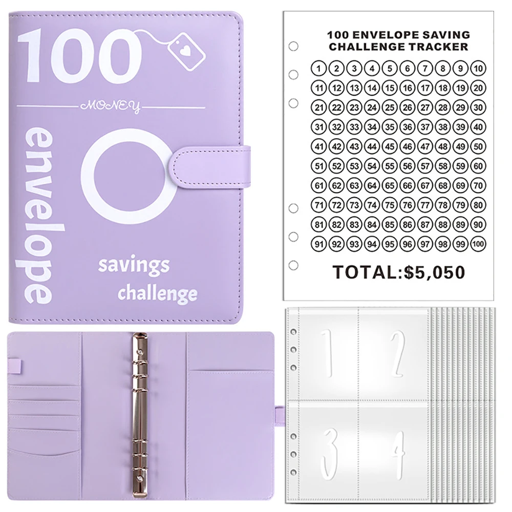 100 Envelope Cash Savings Challenge Books A5 Size Cash Binder Leather Cover Plastic Film Storage Bag Circular Buckle Loose Leaf