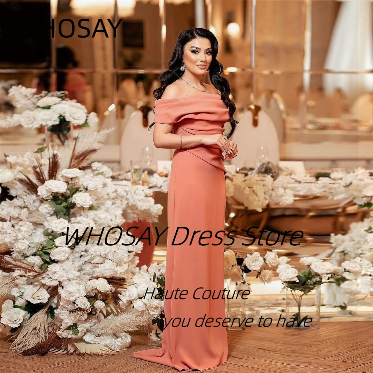 WHOSAY-vestidos de graduación con cuello barco para mujer, ropa elegante, vestidos largos fruncidos de dama de Honor, fiesta de boda, vestidos de noche con cremallera trasera