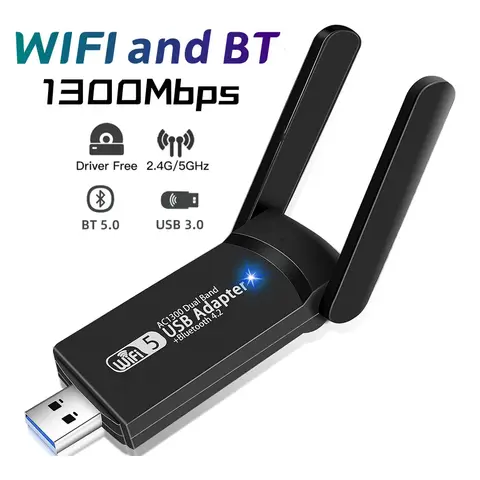 듀얼 밴드 무선 네트워크 외부 리시버 미니 와이파이 동글, 1300Mbps USB 와이파이 블루투스 어댑터, PC, 노트북, 데스크탑용, 2.4 Ghz, 5Ghz