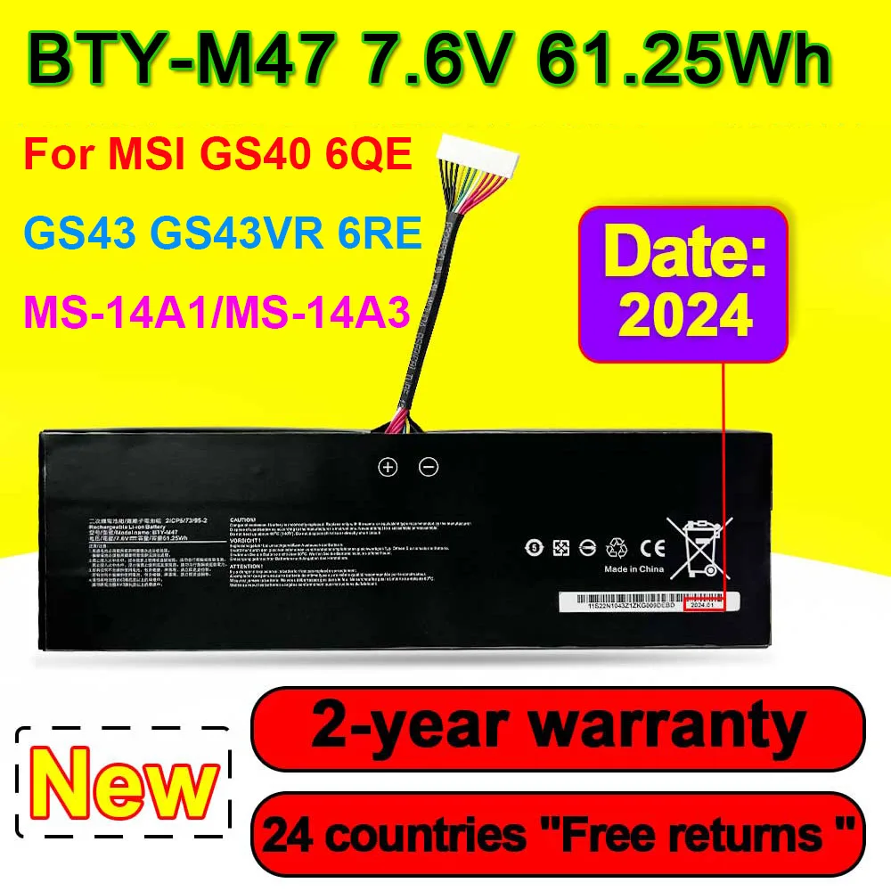 BTY-M47 For MSI GS40 GS43 GS43VR 6QE-006XCN 6QE-009XTH, MS-14A1 MS-14A3 Laptop Battery Laptop Battery Rechargeable 61.25Wh 7.6V