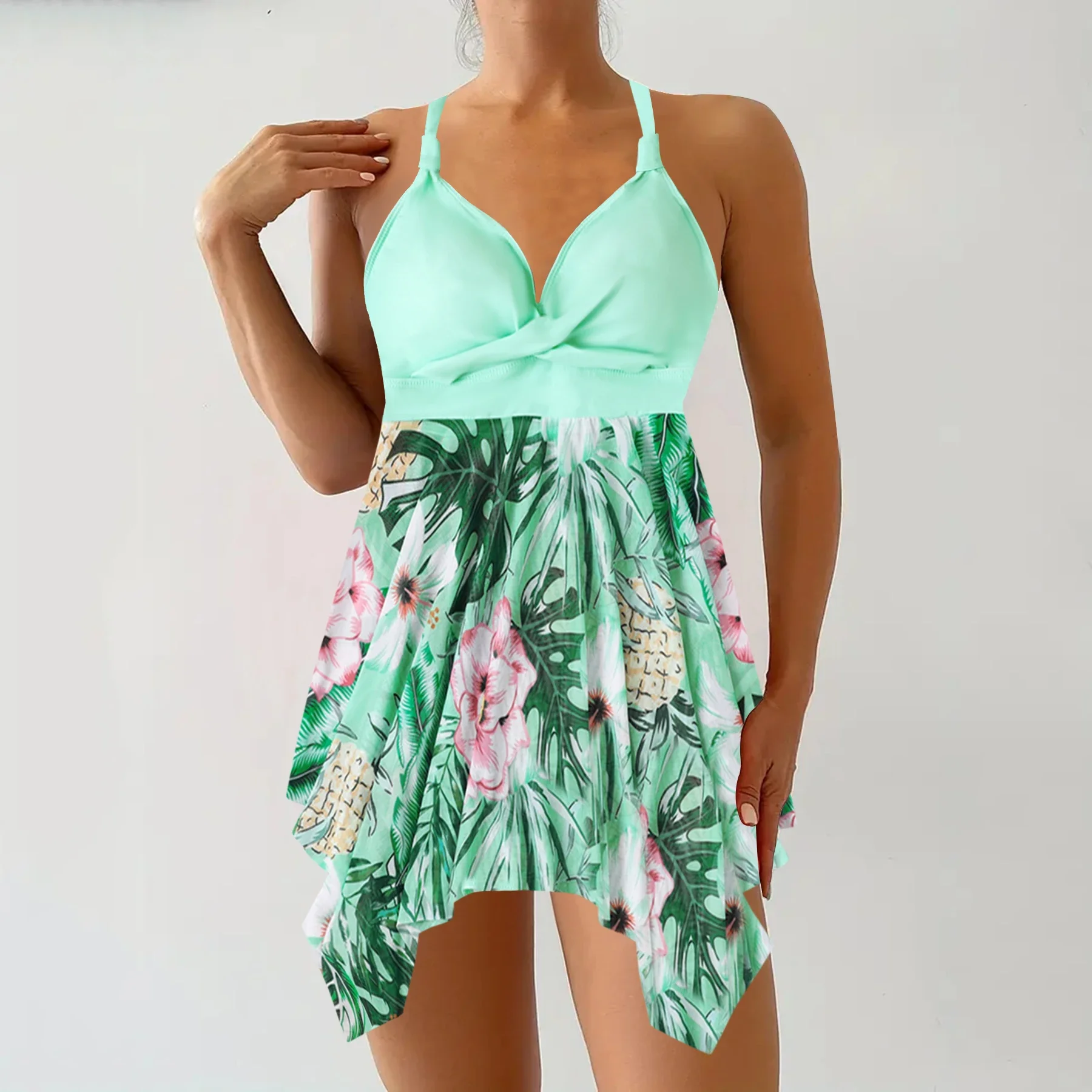 Bloemenprint patchwork zwarte 2-delige set tankini, ronde hals hoge taille rekbare badpakken, dames zomer bikini strandkleding