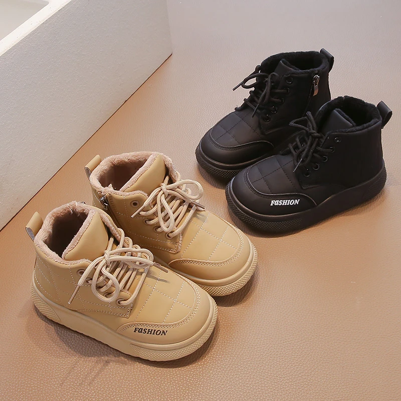 

Children Snow Boots Lace Up Side Zipper Girls Warm Cotton Shoes Non-slip Kids Short Leather Boots Autumn Winter 2025 New