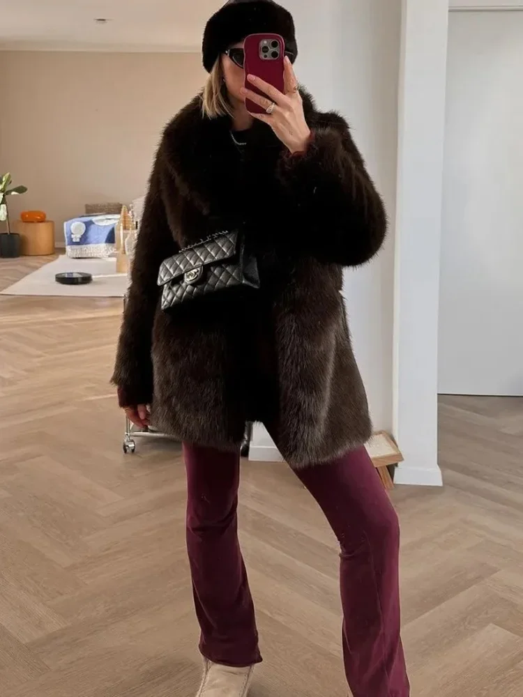 

Осень и зима, новинка Европы и США, ретро-стиль, коричневый эффект искусственного меха, длинное пальто, женская одежда