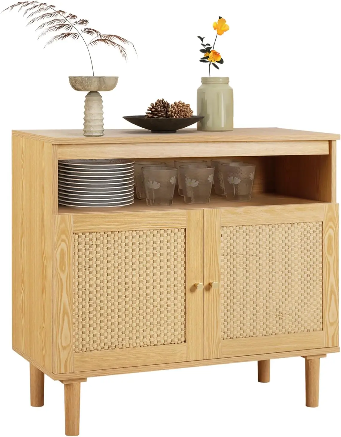 

Modern Buffet Cabinet with Storage, Farmhouse Accent Sideboard with Rattan Door and Adjustable Shelves, Kitchen Console Table