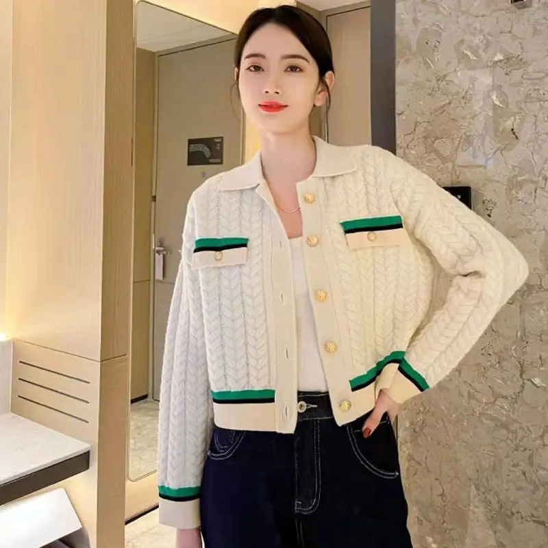 

Spring Autumn New Turn-down Collar Long Sleeve Fashion Sweater Women High Street Casual Button Cardigan Elegant Screw Thread Top