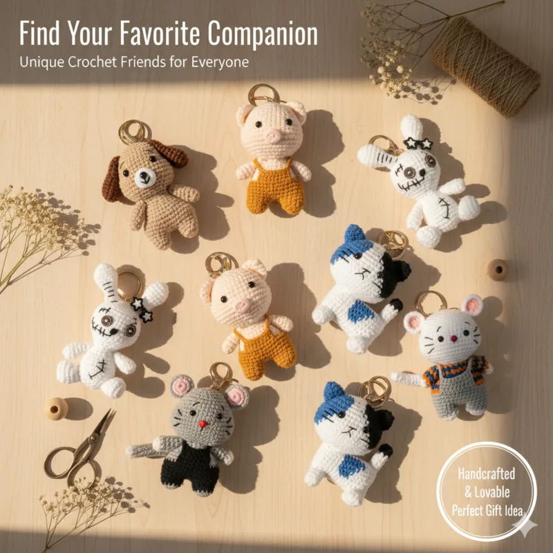 

Kawaii Crochet Animal Keychain Pendant Handmade Knitted Key Ring Pendant Cute Car Key Holder Bag Backpack Charm Keychain Gift