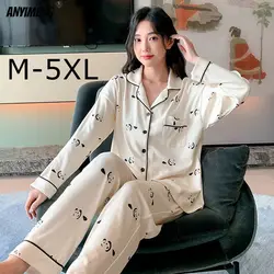 M-5XL Autumn Winter Woman Pajamas Set Fashion Turn-down Collar Sleepwear Lady Home Clothes Soft Faux Cotton Nightwear Lapel Pjs