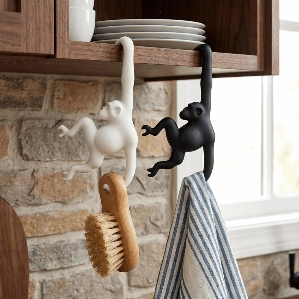Multi-functional 3D Printed Monkey Shaped Wall Hook Plastic Decorative Banana Hook Punch-free Key Hanger Bedroom