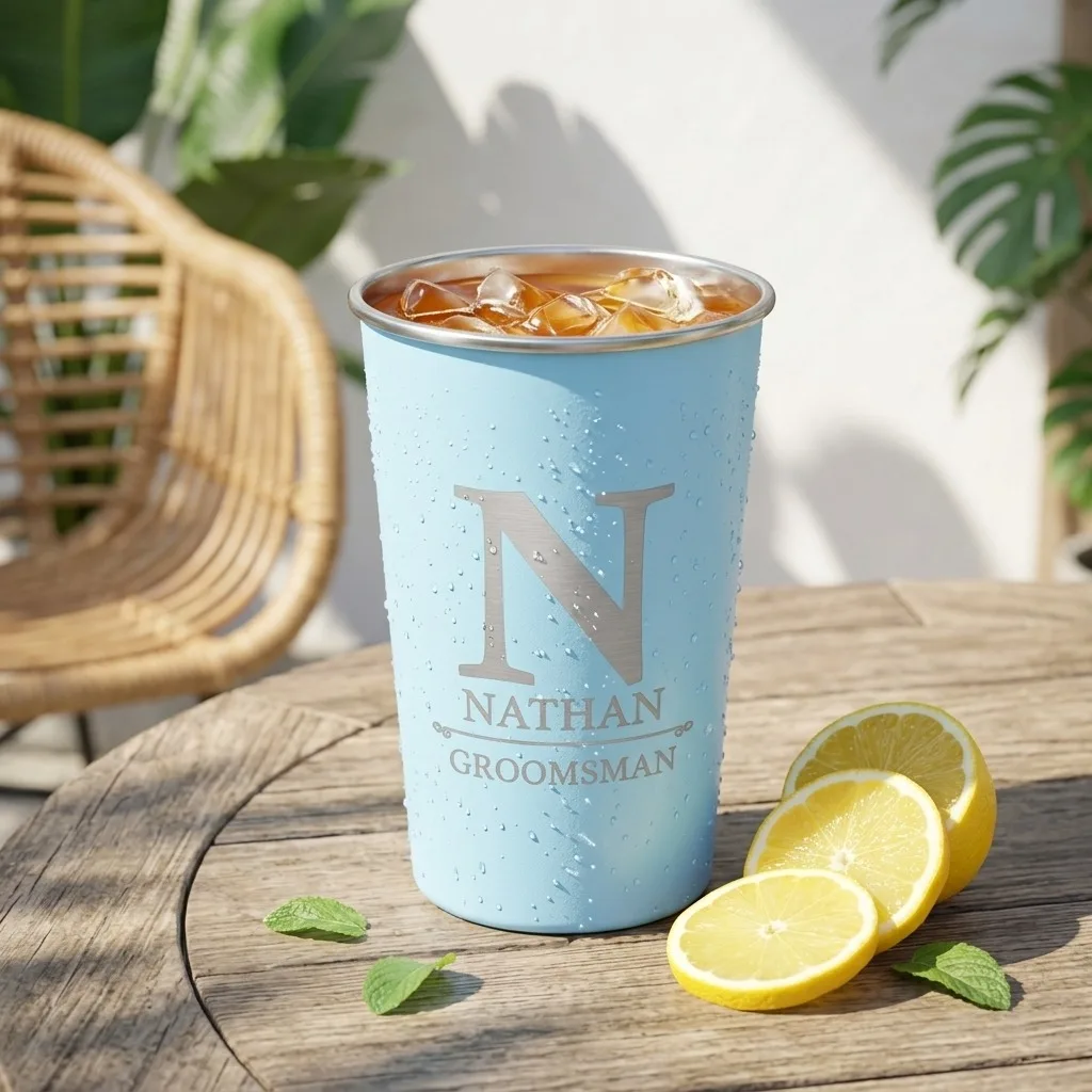 Custom Engraved Stainless Steel Pint Cups, Personalized Monogram Metal Mugs for Wedding Guests, Reusable Party Drinkware.
