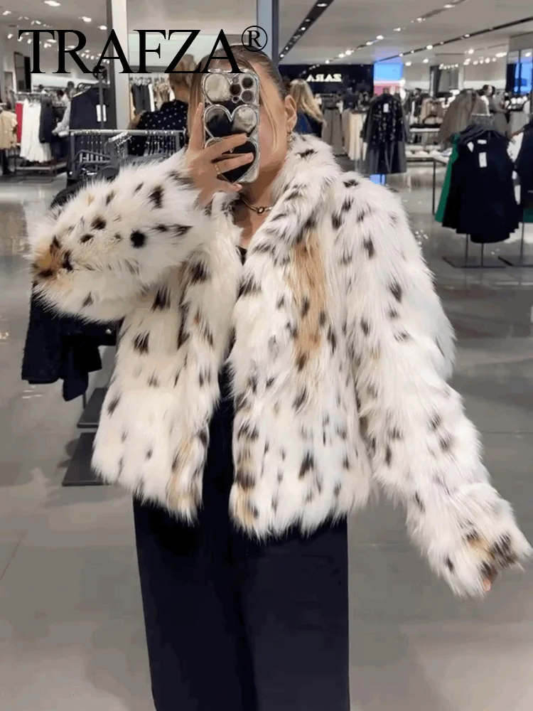 TRAFZA 2024 Women Artificial Fur Jacket Elegant Warm Loose Spotted Print Coat Long Sleeve Casual Overcoat Lady Furry Outwear