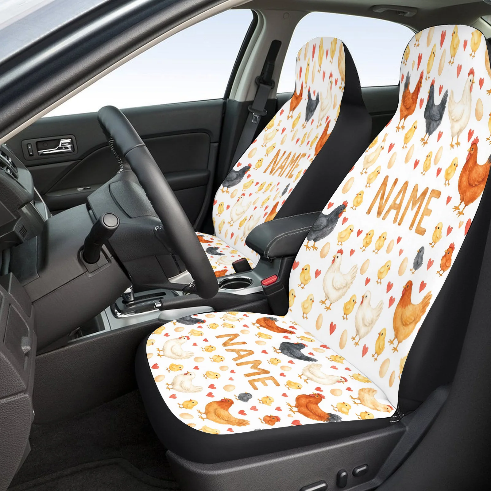 Personalized Car Seat Covers Custom Name/Text & Chicken/Hearts - Breathable Fit Suitable For Cars, Trucks, For 2 Front Seats Wit
