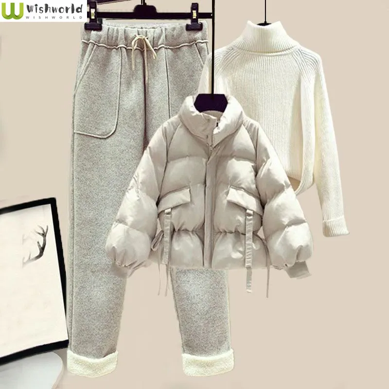 

Fashion Women's Suit Autumn and Winter 2022 Short Down Cotton Coat Sweater Woolen Casual Pants Fashion Suit Three Piece Suit