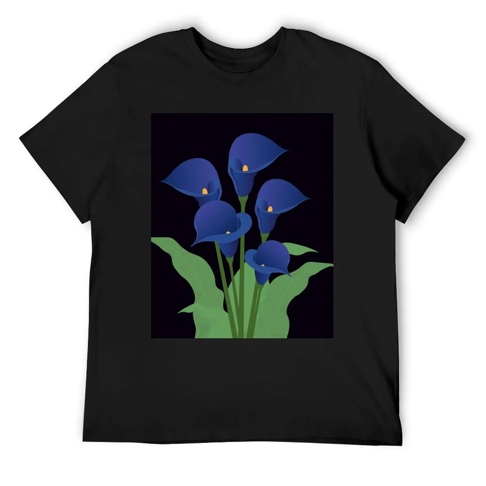 Saturated blue colour calla lily bouquet on black background T-Shirt tops summer tops t shirts for men