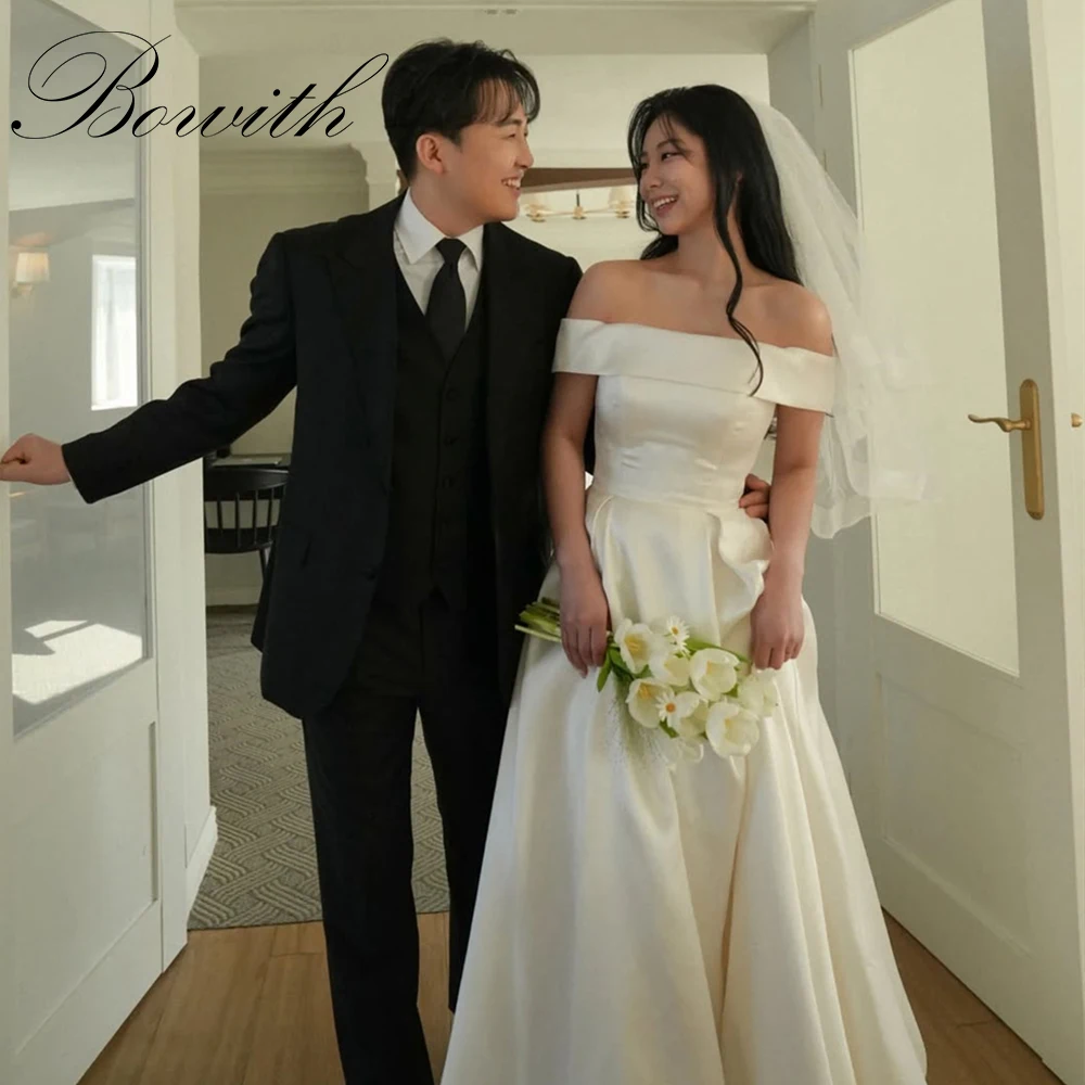 

Bowith Boat Neck A-line Wedding Dresses Korea Photo Shoot Dresses Customized Elegant Off the Shoulder Bridal Gown 웨딩드레스