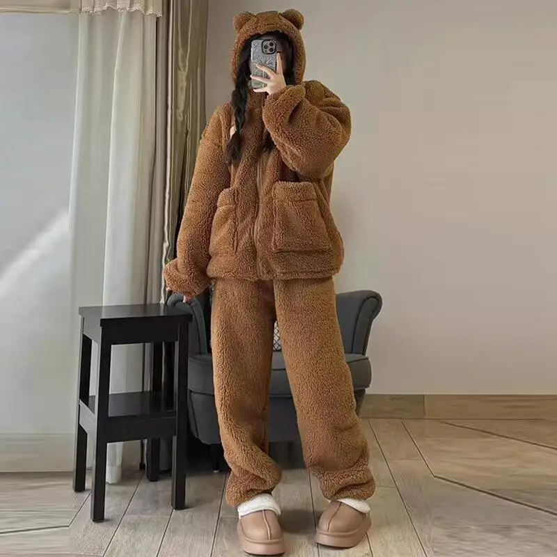 

Пижамный комплект для девочек, домашняя одежда, утолщенный капюшон, коралловый флис, молния, Milard Bear, женские брюки с длинными рукавами, домашняя одежда, осень-зима