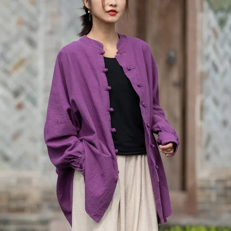 

2024 Summer Cotton Linen Chinese Style T-shirt Tops Buckle Casual Long Cardigan Retro Loose Profile Jacket VintageTops for Women